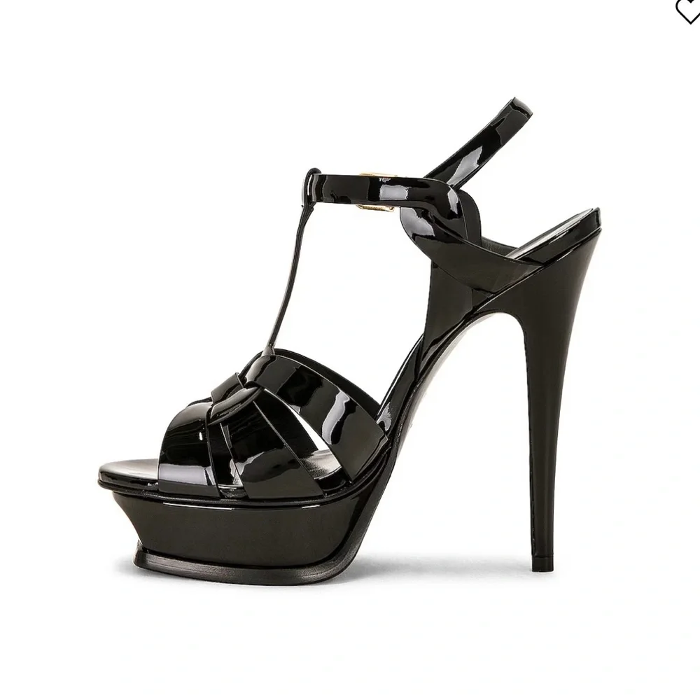 Yves Saint Laurent Women's Tribute Black Patent T-Strap Platform Sandals - Picture 6 of 17